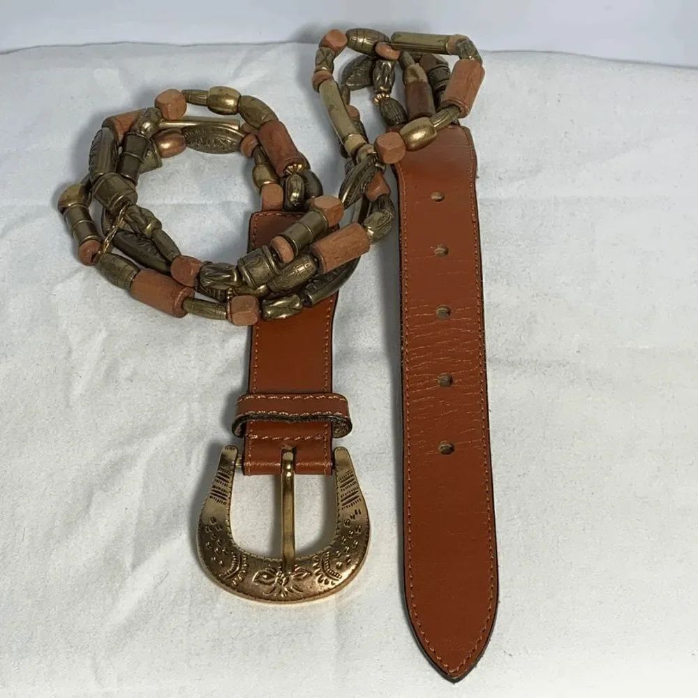 The Limited Brown Leather Brass Wood Belt